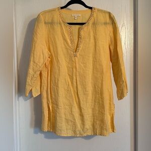 Eileen Fisher Irish Linen Yellow Vneck 3/4 sleeve top Med